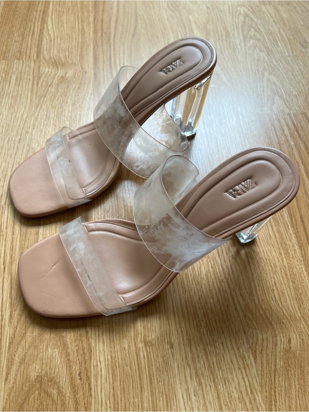 Zara Nude Clear-Strap Block Heel Mules